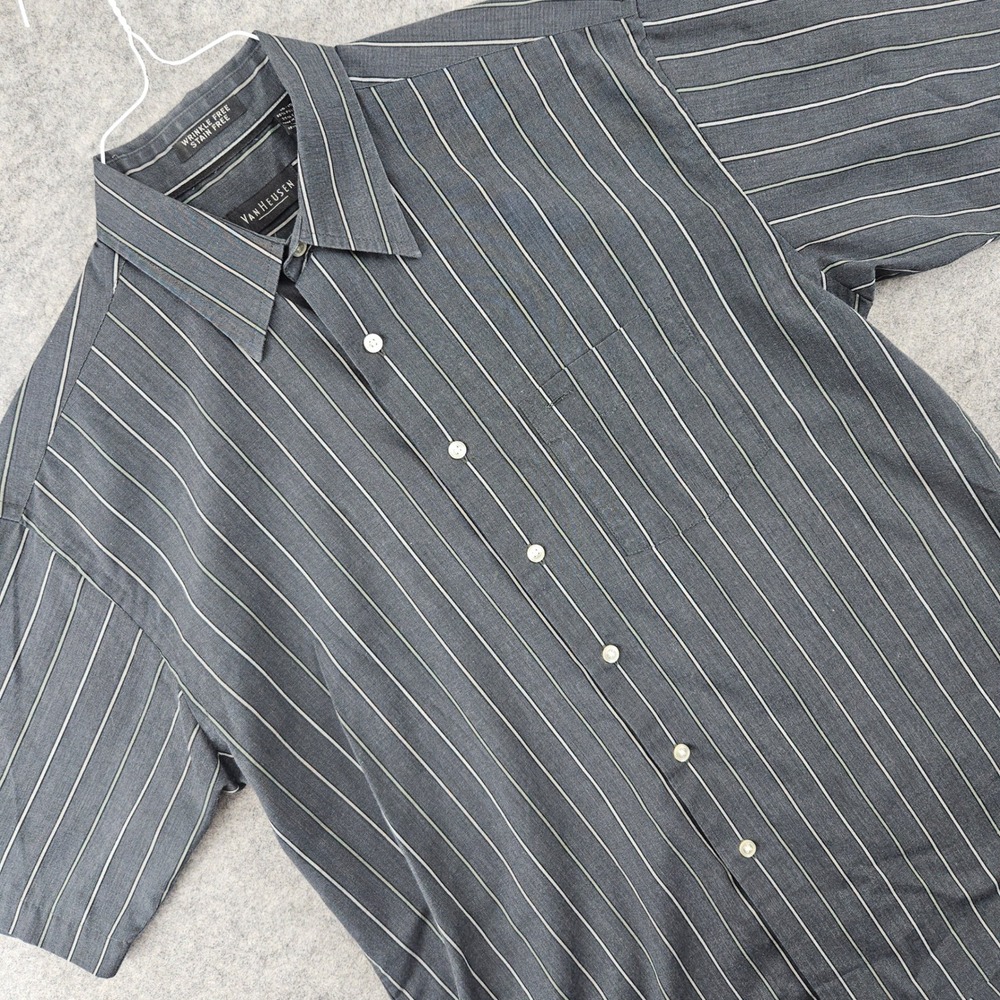 Van Heusen Shirt Mens Medium Charcoal Gray Striped Short Sleeve Button Up Church